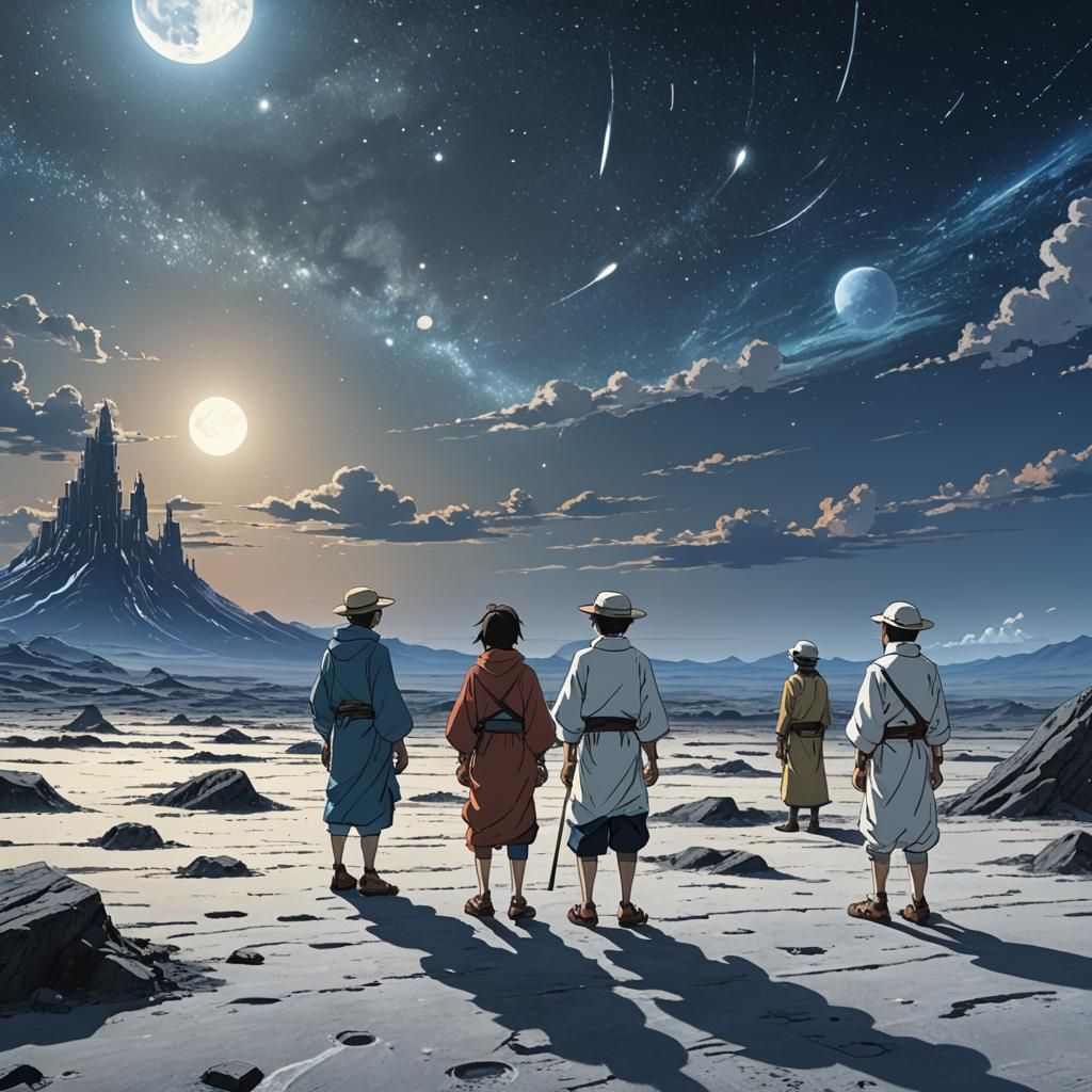 Humans on Moon Watching Earth: Anime Concept Art