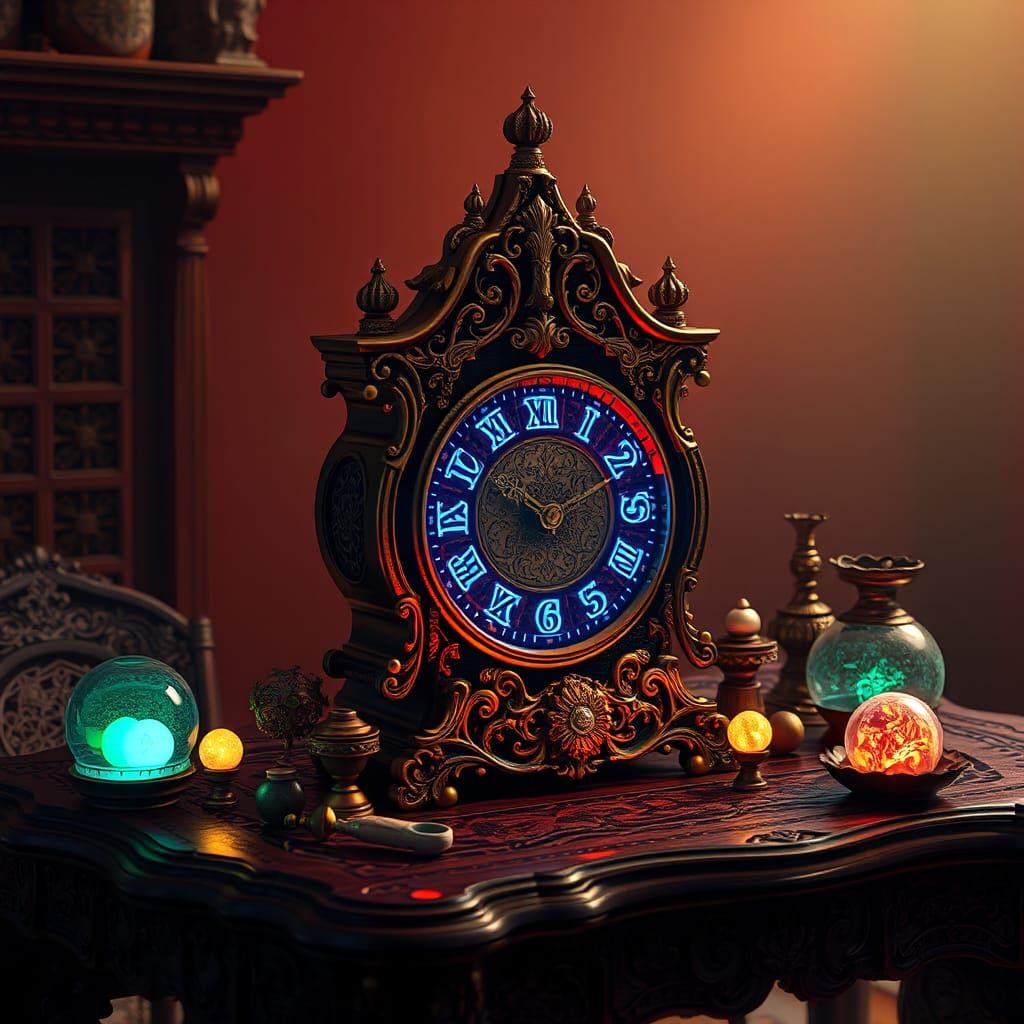 Ornate Antique Clock with Mystical Artifacts