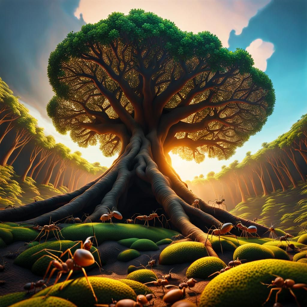 Hyperrealistic Ants-Eye View of a Giant Tree