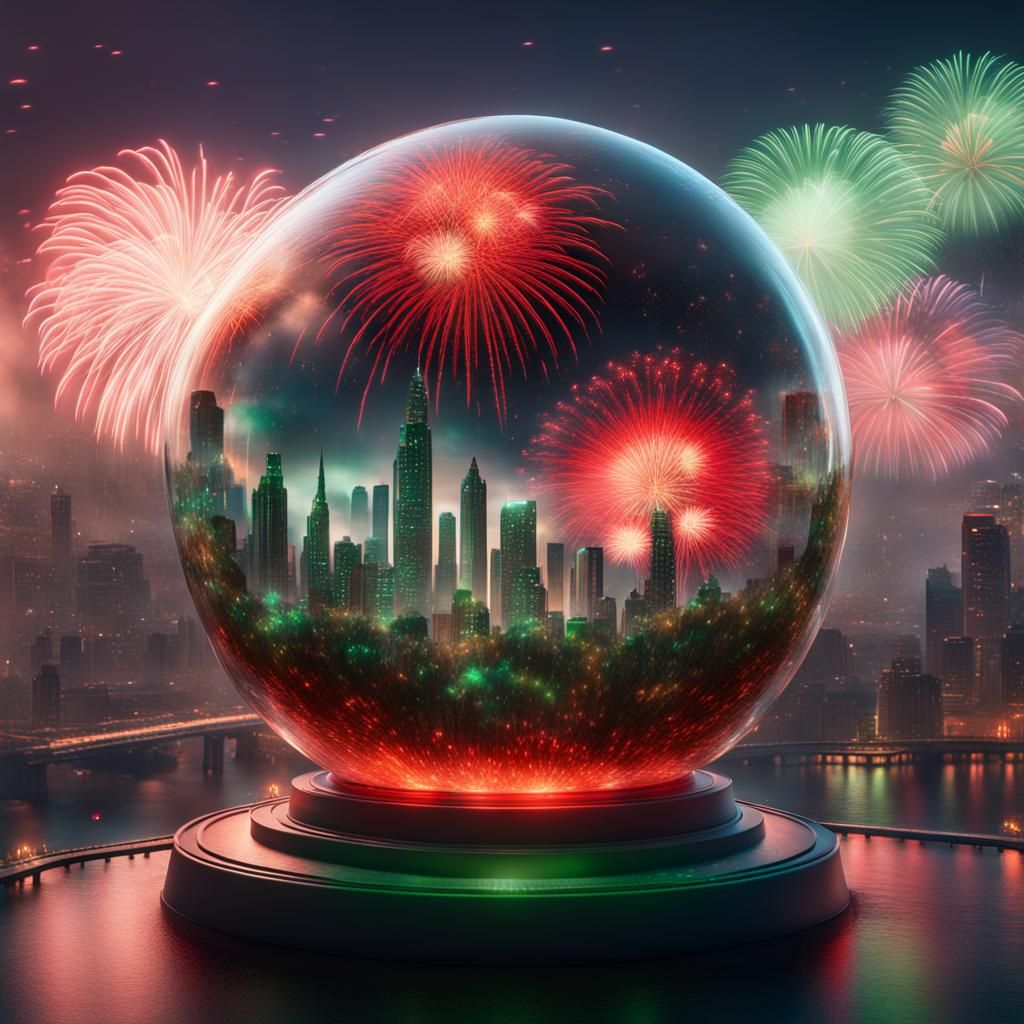 City Ecosystem Inside Glass Sphere with Fireworks