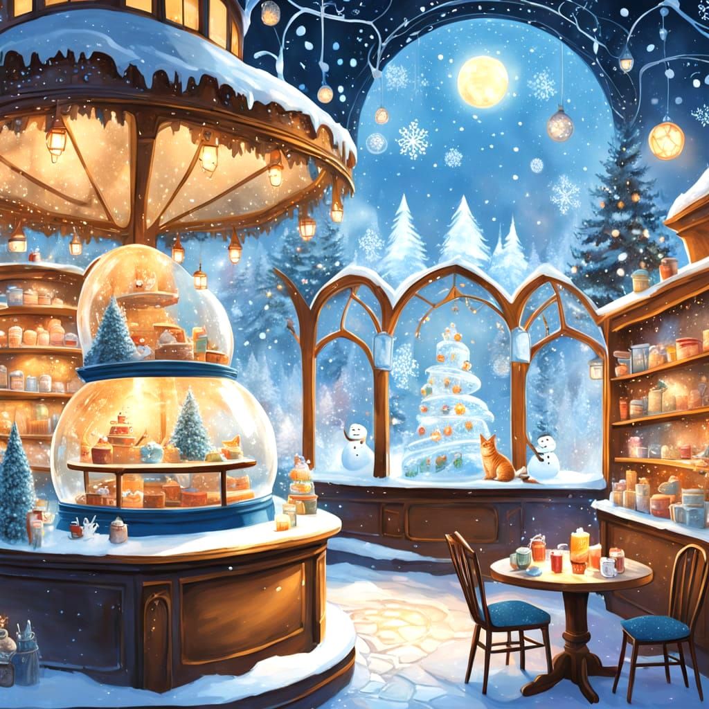 Enchanted Snowglobe Coffee Shop in Winter Illustration
