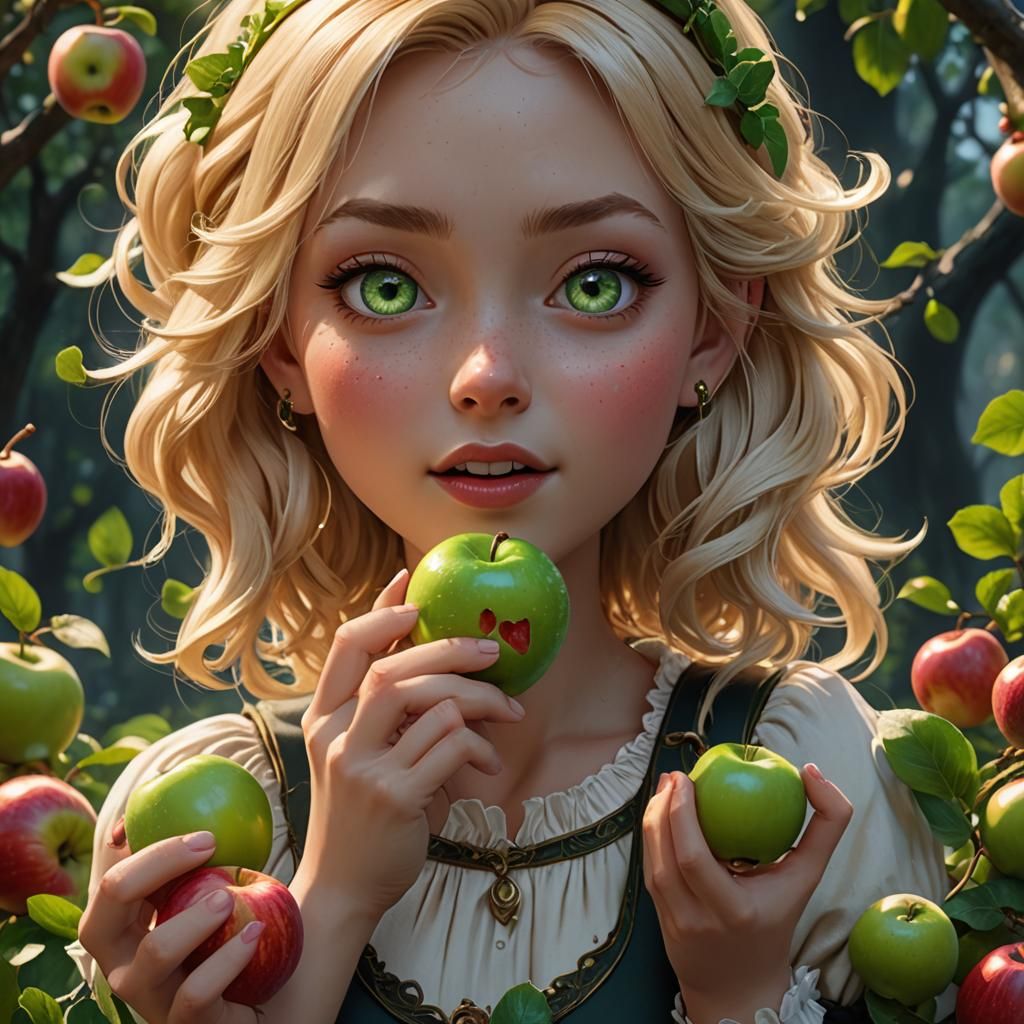 Cartoon Blonde Girl Eating Apple, Detailed Art