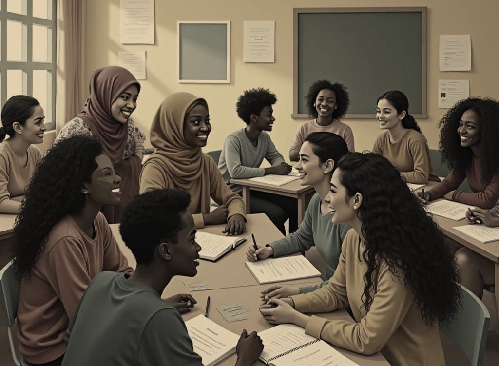 Multicultural ESL Classroom Engaged in Group Discussion