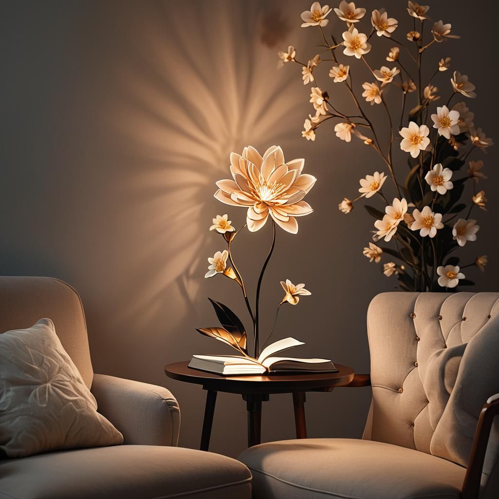 Flower Lamp Lights Reading Nook, Organic Digital Art