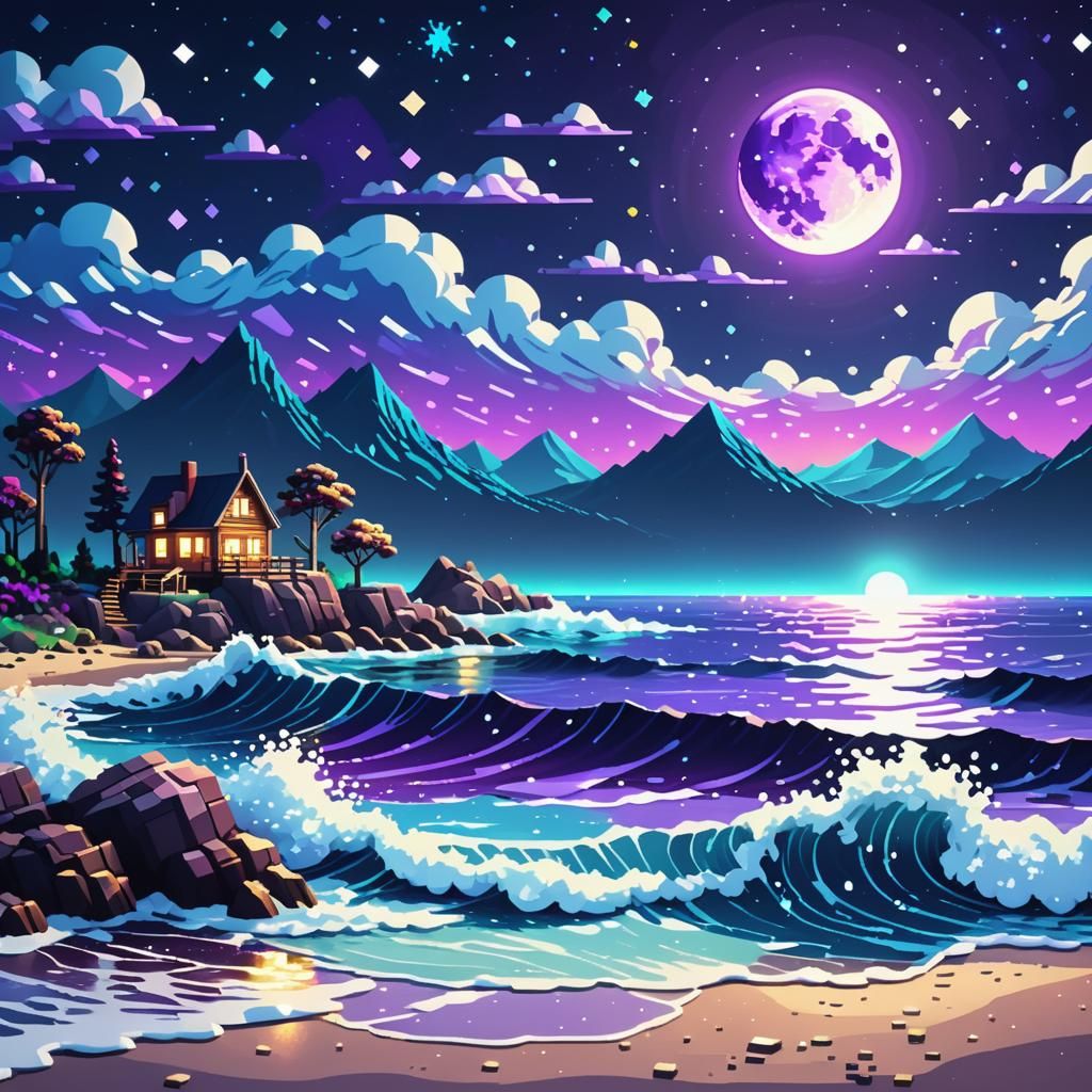 Pixel art style landscape of the ocean at night. The October...