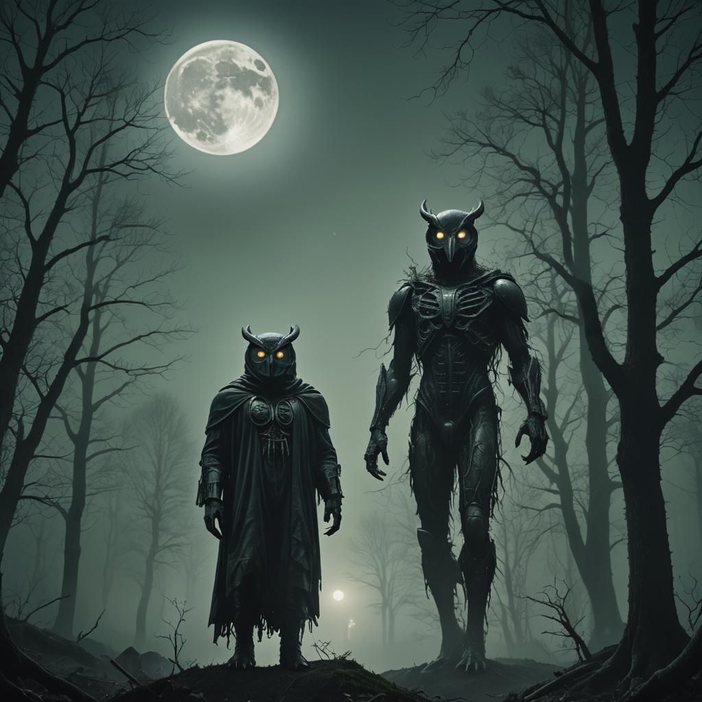 Mystical Owlman in a Misty Forest at Night