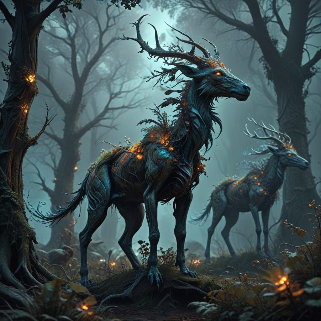 Enchanted Beasts in Vibrant, Windswept Fantasy Landscape