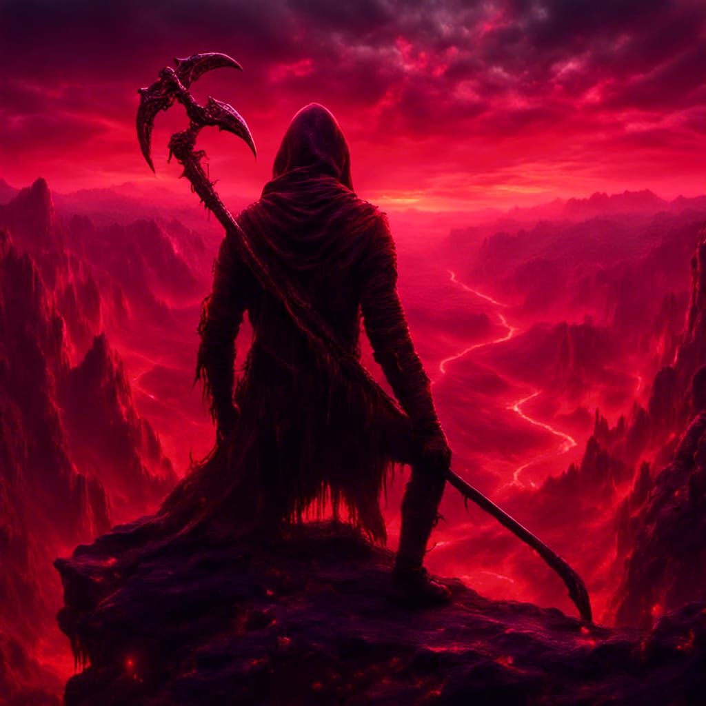 Hyperreal Figure with Scythe at Sunset