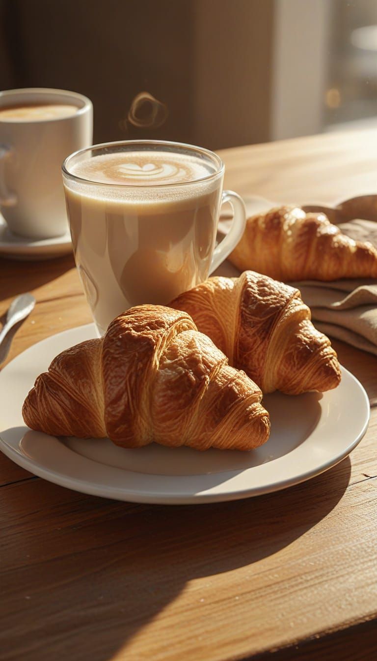 Photorealistic Cafe Latte and Croissant in Warm Sunlight