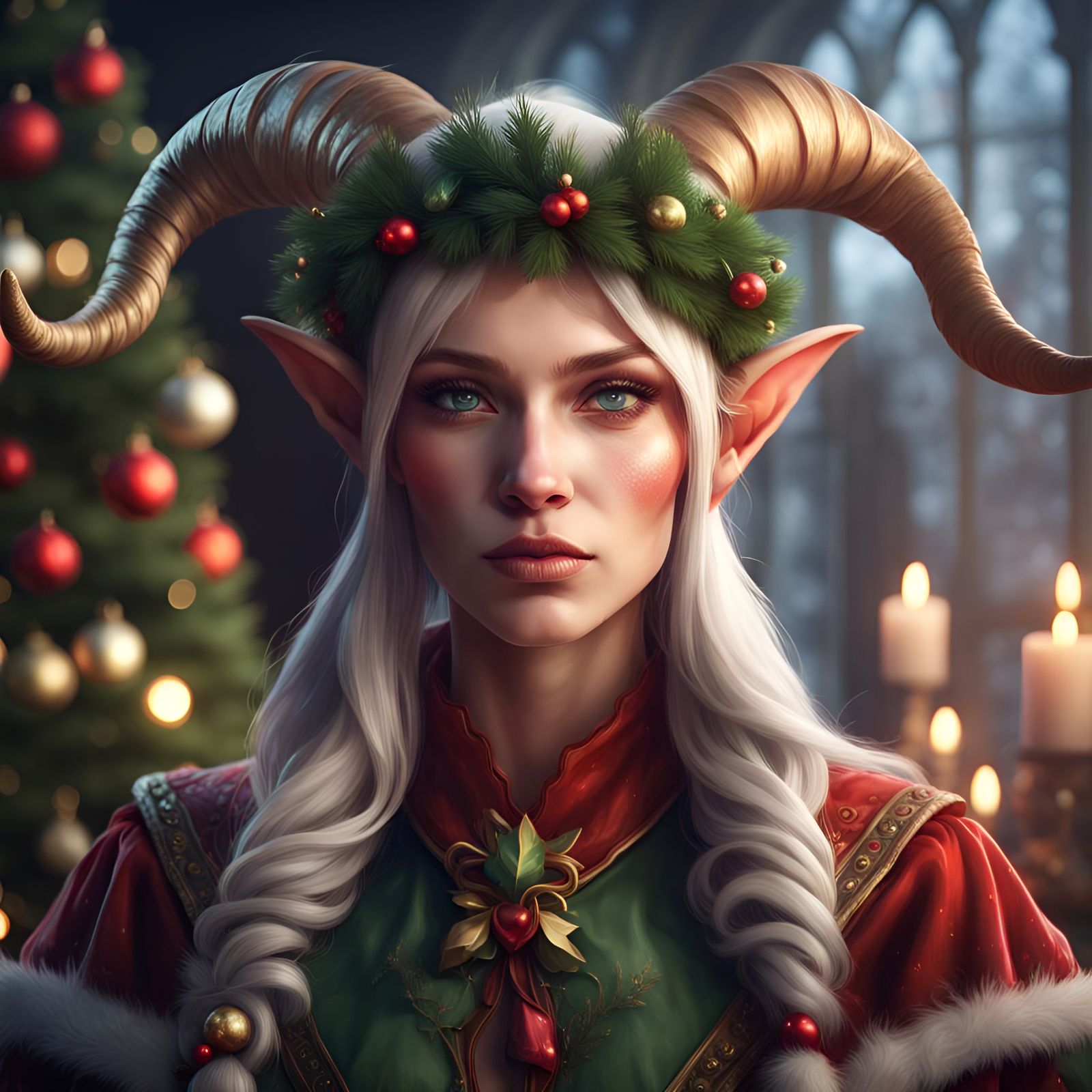 Festive Horned Elf Portrait in Hyperdetailed Style