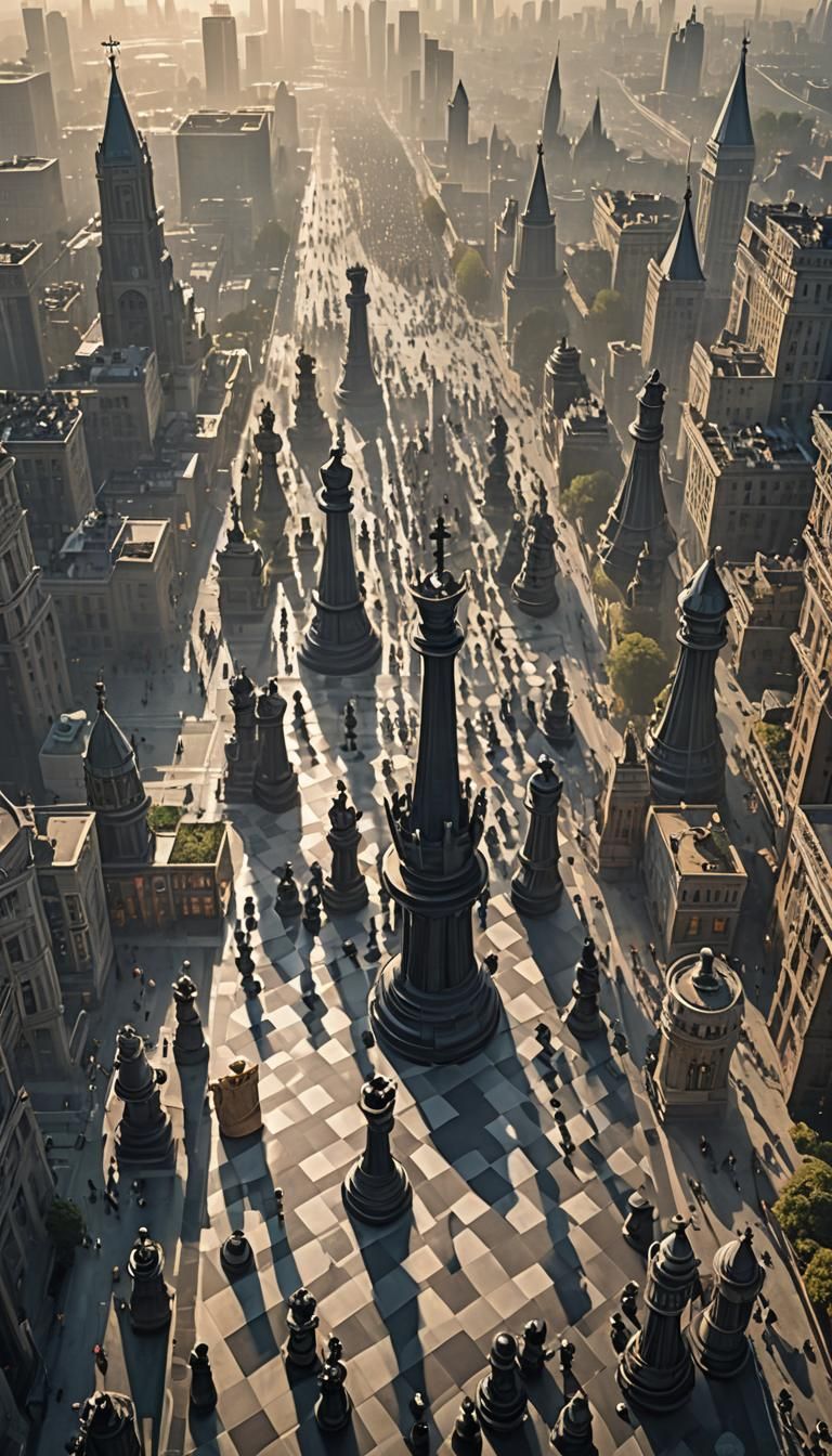 Cityscape mimicking a chessboard layout, streets resembling chess pieces, skyscrapers topped with king, queen, pawn silh...