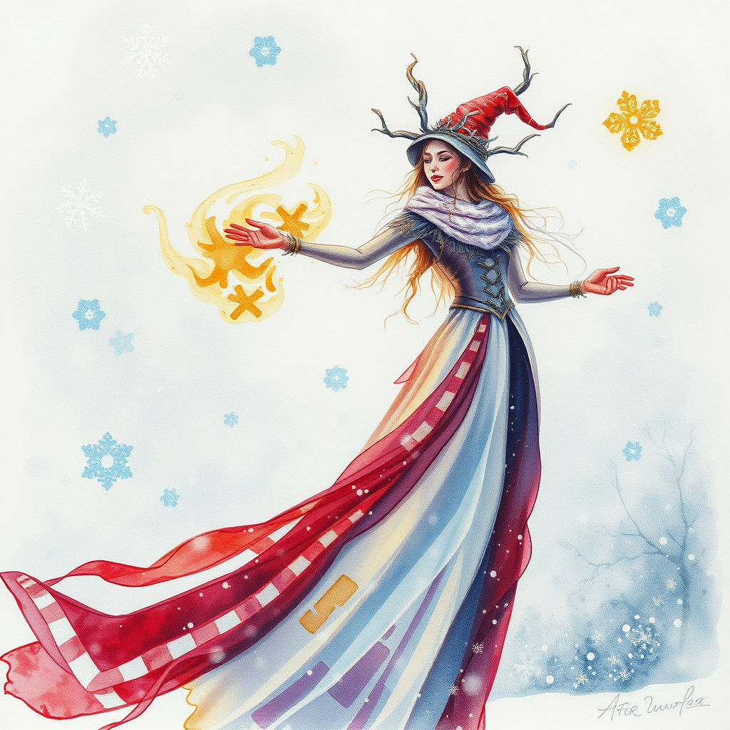 Winter Witch Dancing in Snow, Watercolour Style