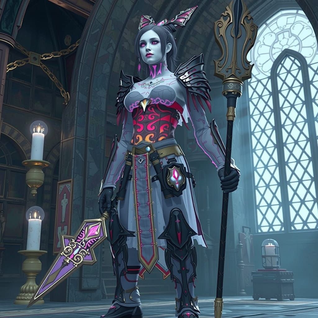 Medieval Woman with Rainbow Tattoos in Translucent Armor