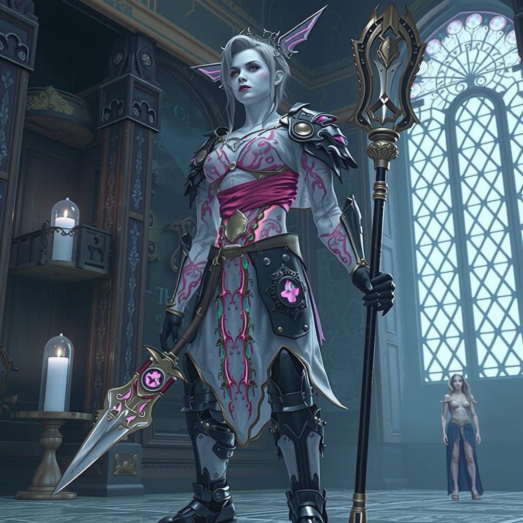 Armored Woman with Rainbow Tattoos in Misty Chamber