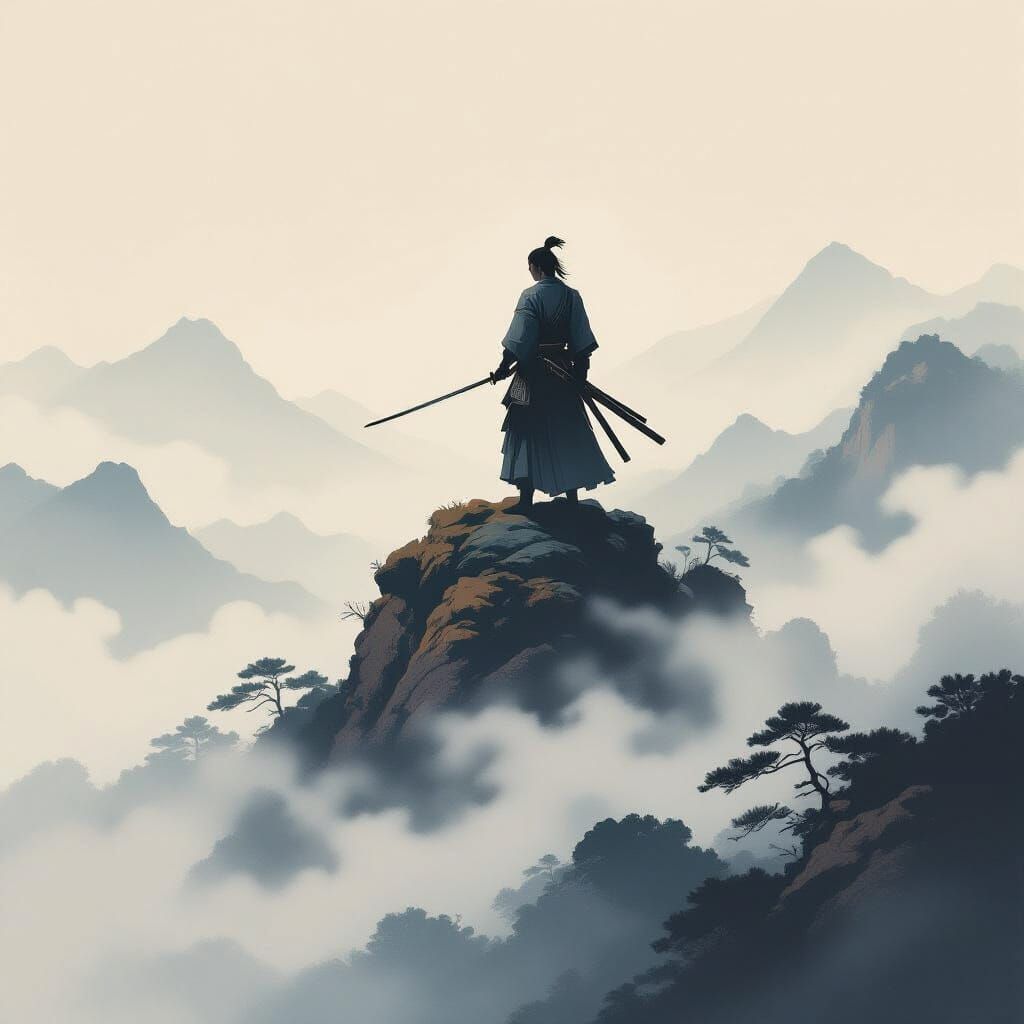Lone Samurai on Misty Mountain: Japanese Painting Style