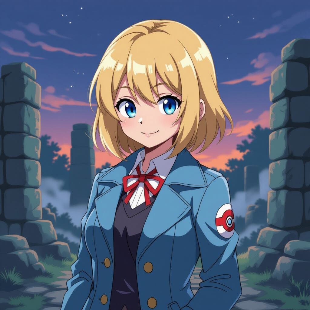 Pokémon Trainer in Misty Ruins, Anime Style