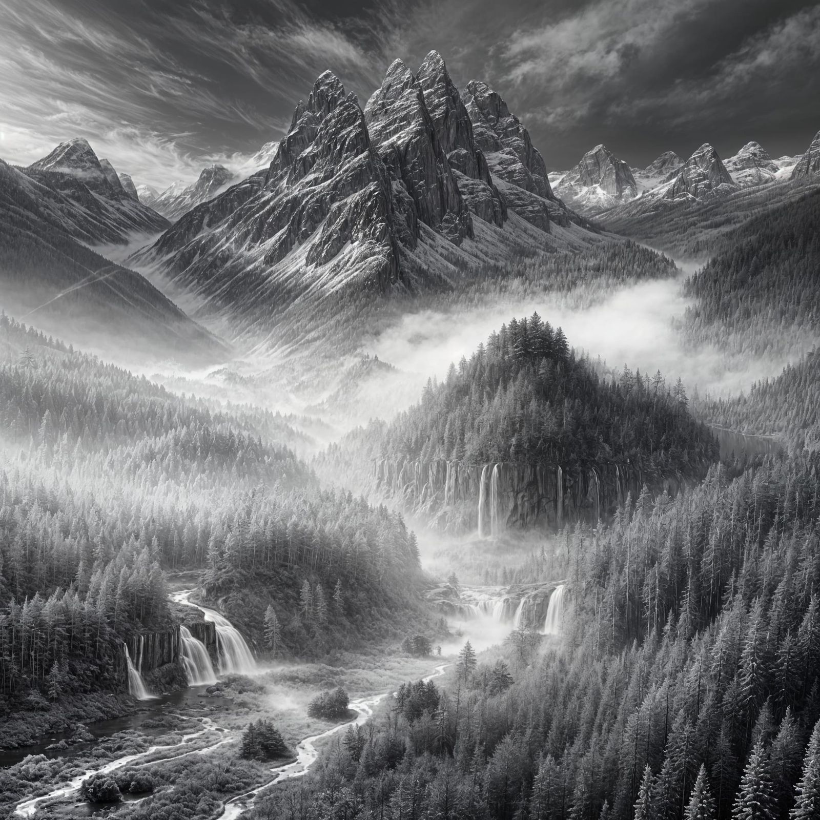 Enchanted Black and White Forest Landscape