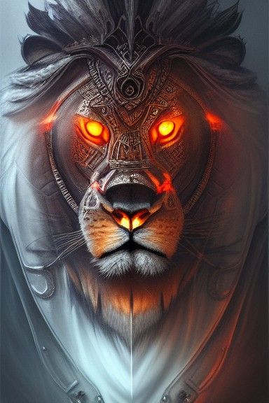 Sinister Lion with Glowing Eyes and Grid Breastplate