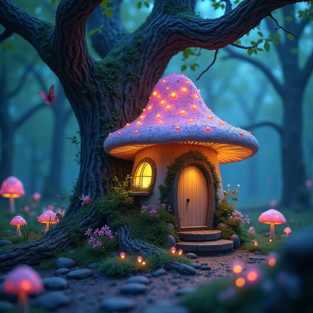 Enchanted Fairy Mushroom House in Bioluminescent Forest