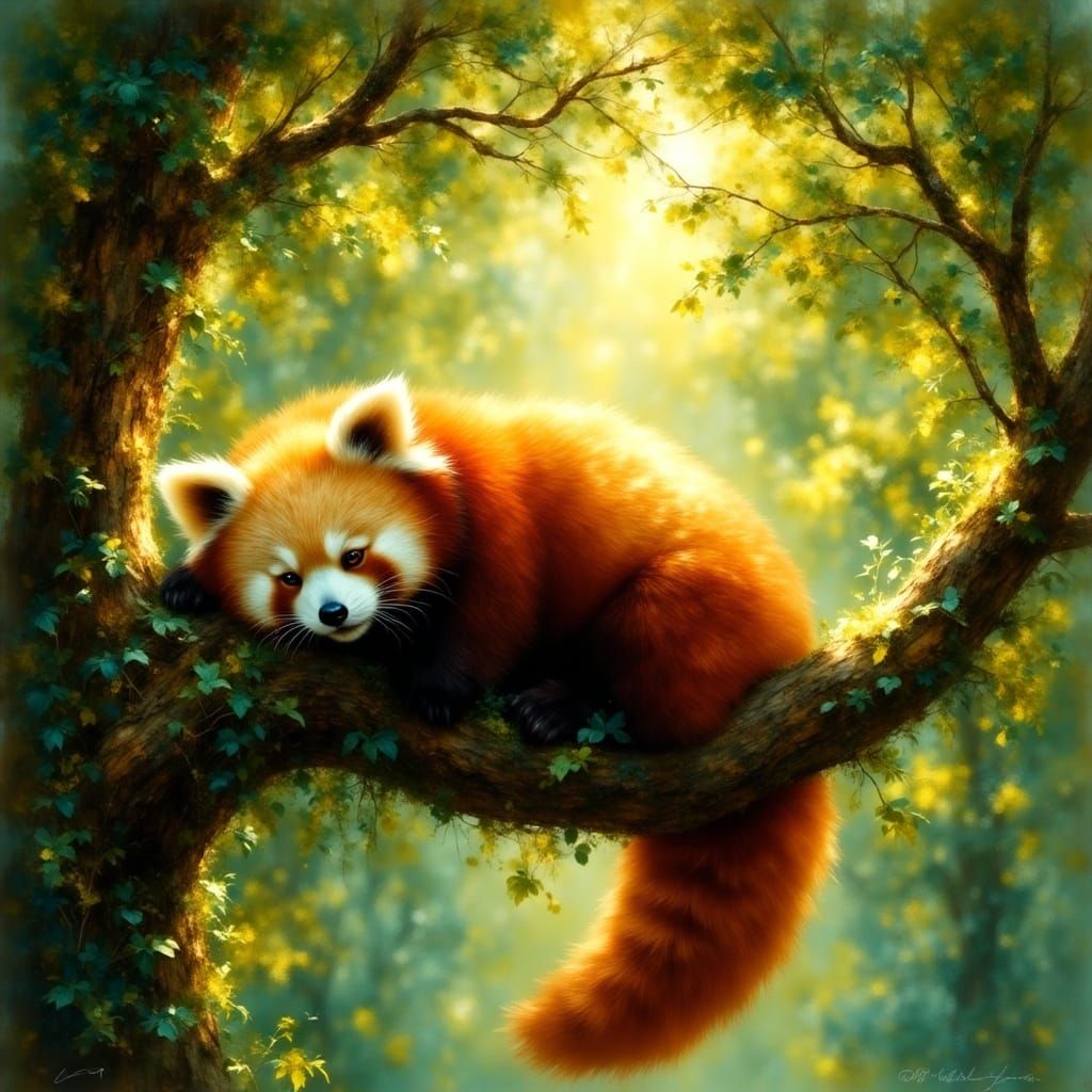 Red Panda Relaxing in Sun-Dappled Forest