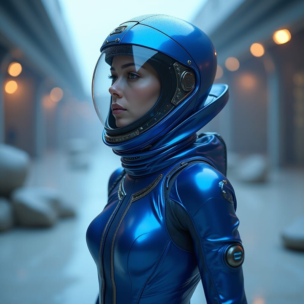 Astronaut in Sleek Blue Spacesuit: Sci-Fi Concept Art