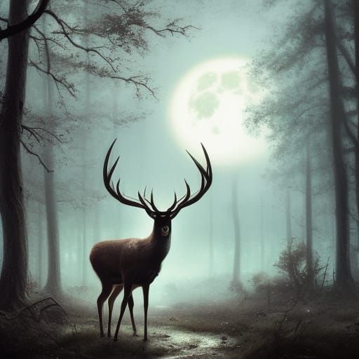 Deer in Forest at Night: Dark Fantasy Concept Art