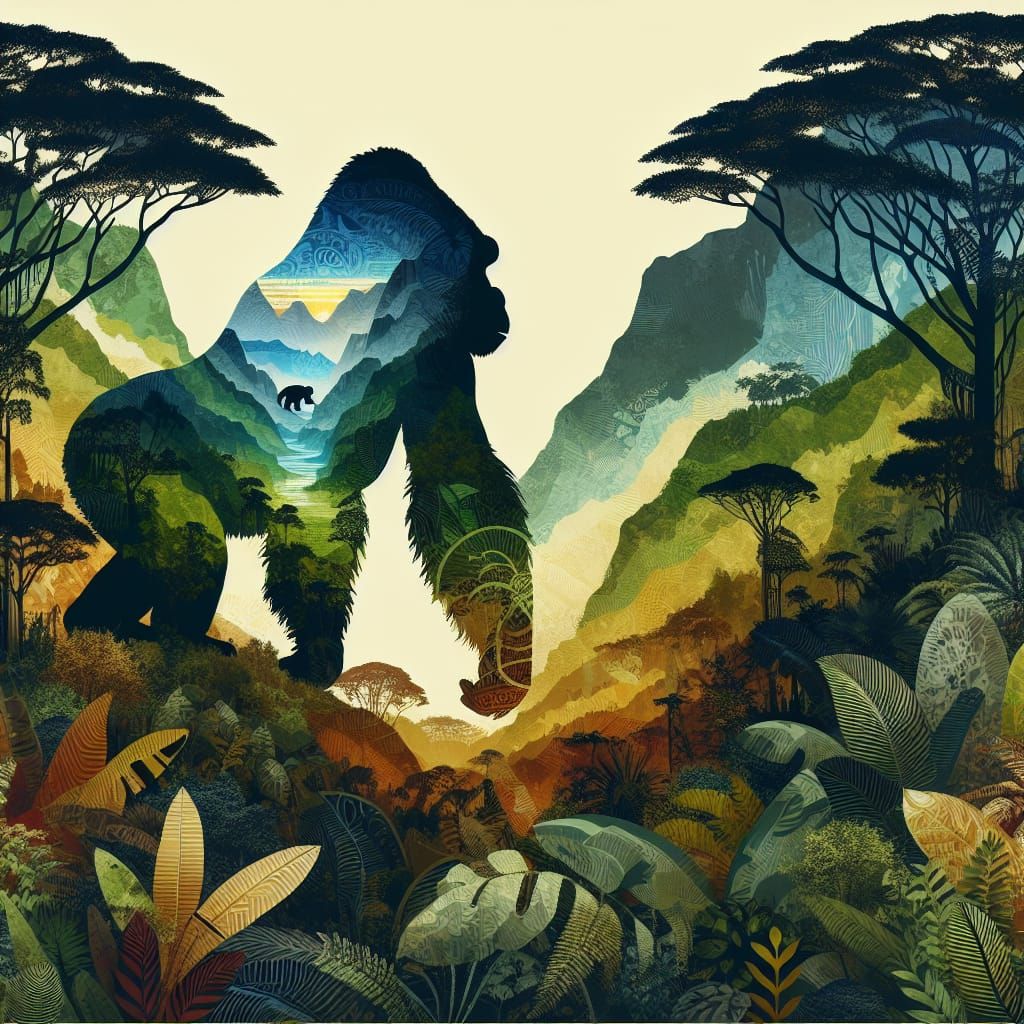 Rainforest Collage Art with Mountain Gorilla Silhouette