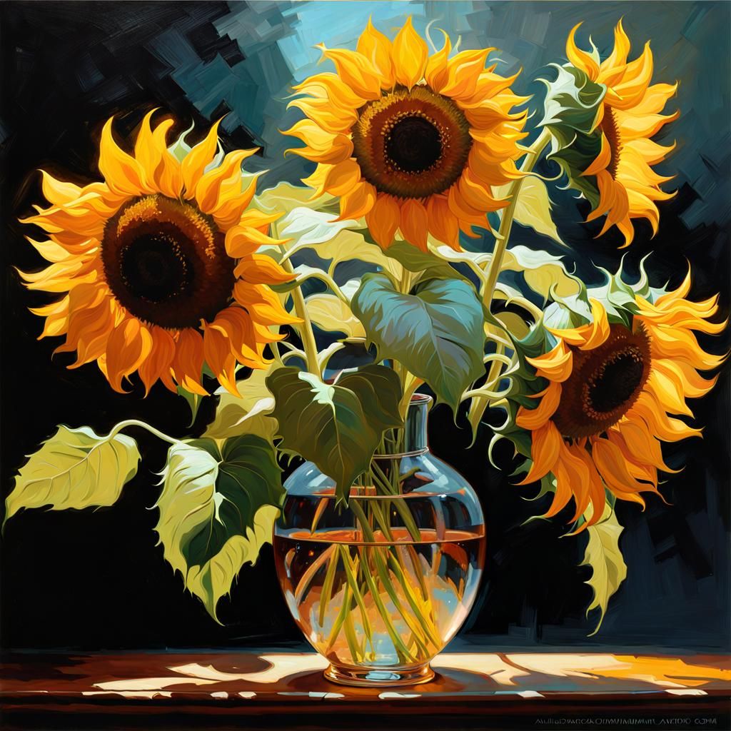 Luminous Impasto Sunflower Bouquet in Art Deco Style