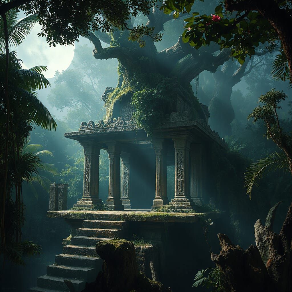 Moonlit Jungle Temple: Ethereal Glow, Ancient Ruins
