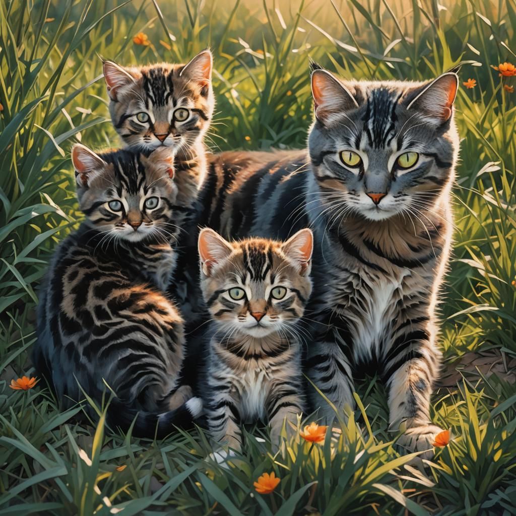 Mother Cat and Kittens in Vibrant Oil Painting