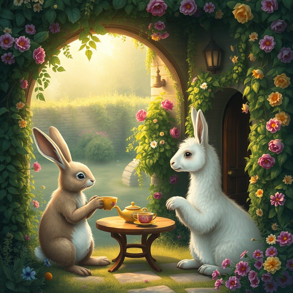 Bunnies and Alpacas in Whimsical English Garden