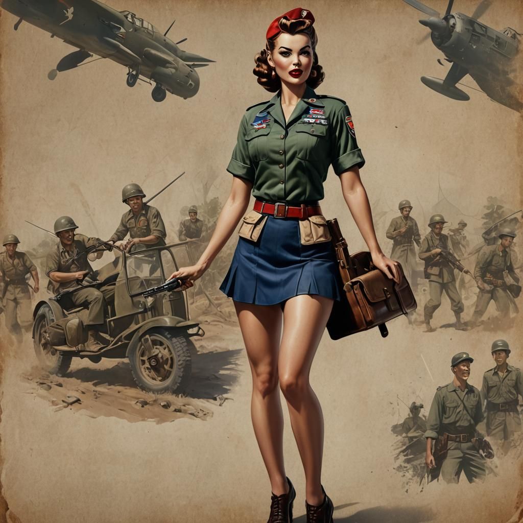 Retro Military Pin-Up Art in Detailed Matte Painting