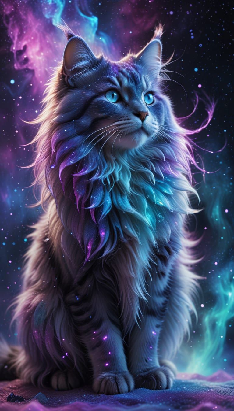 Cosmic Norwegian Forest Cat Soars Through Ethereal Aurora