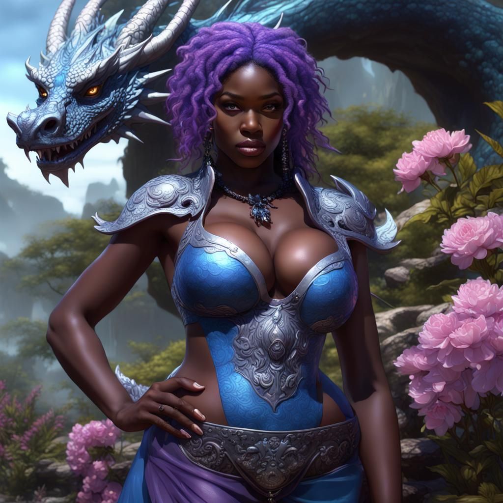 Nigerian Girl with Dragon: Dark Fantasy Art