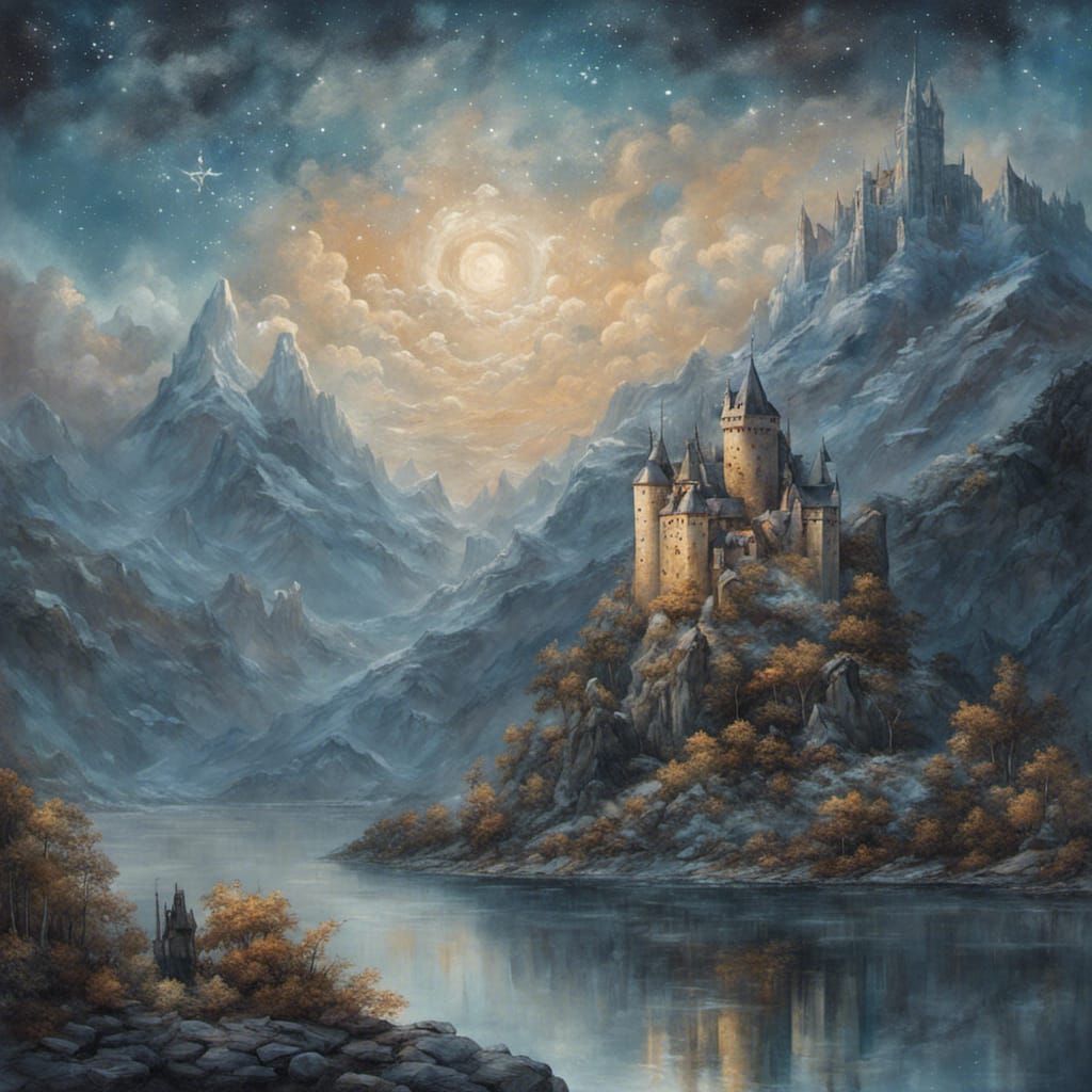 Fantasy Landscape with Dragon and Starry Night Sky