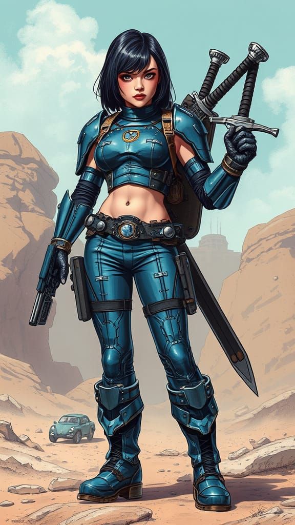 Cyberpunk Warrior Goddess in Metallic Blue Armor