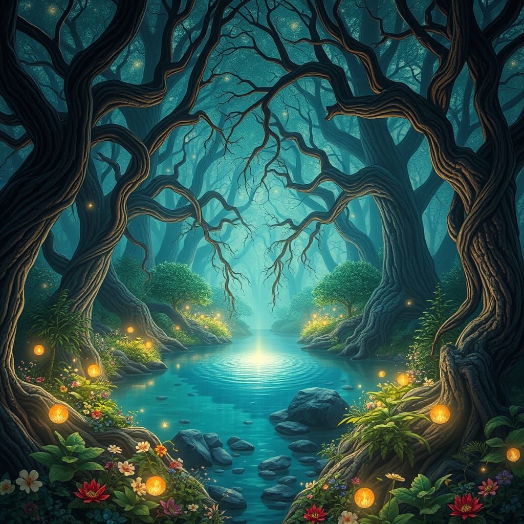 Ethereal Forest Clearing With Bioluminescent Flora