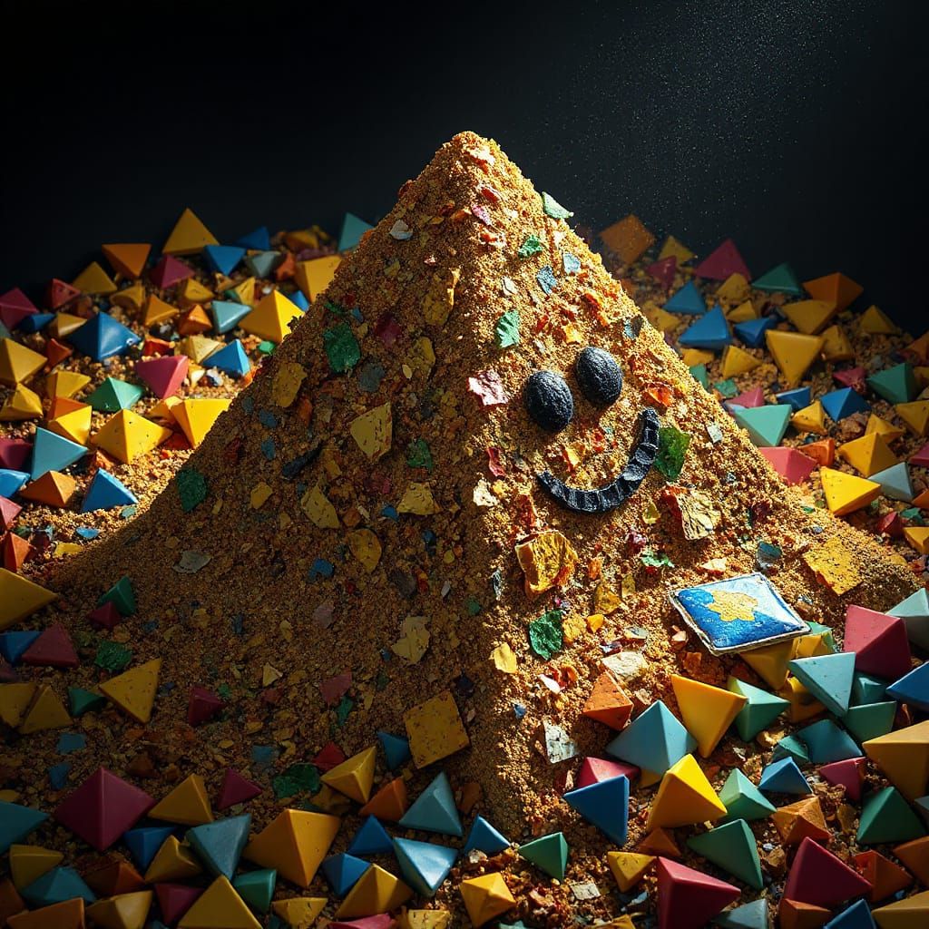 Hyperrealistic CGI Diorama: Melting Gold Pyramid with Plasti...