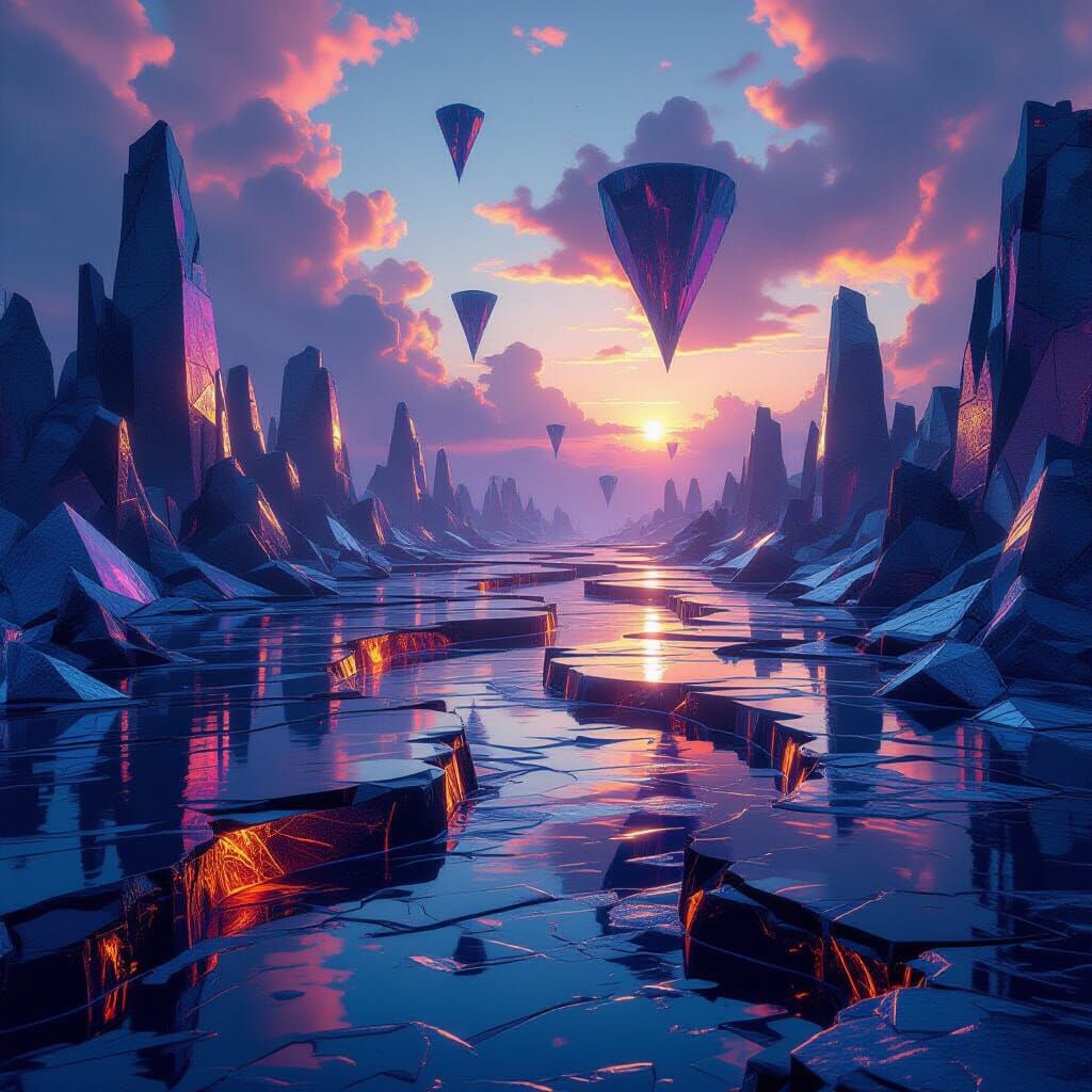 Dreamlike Molten Metal Rivers Through Shattered Glass