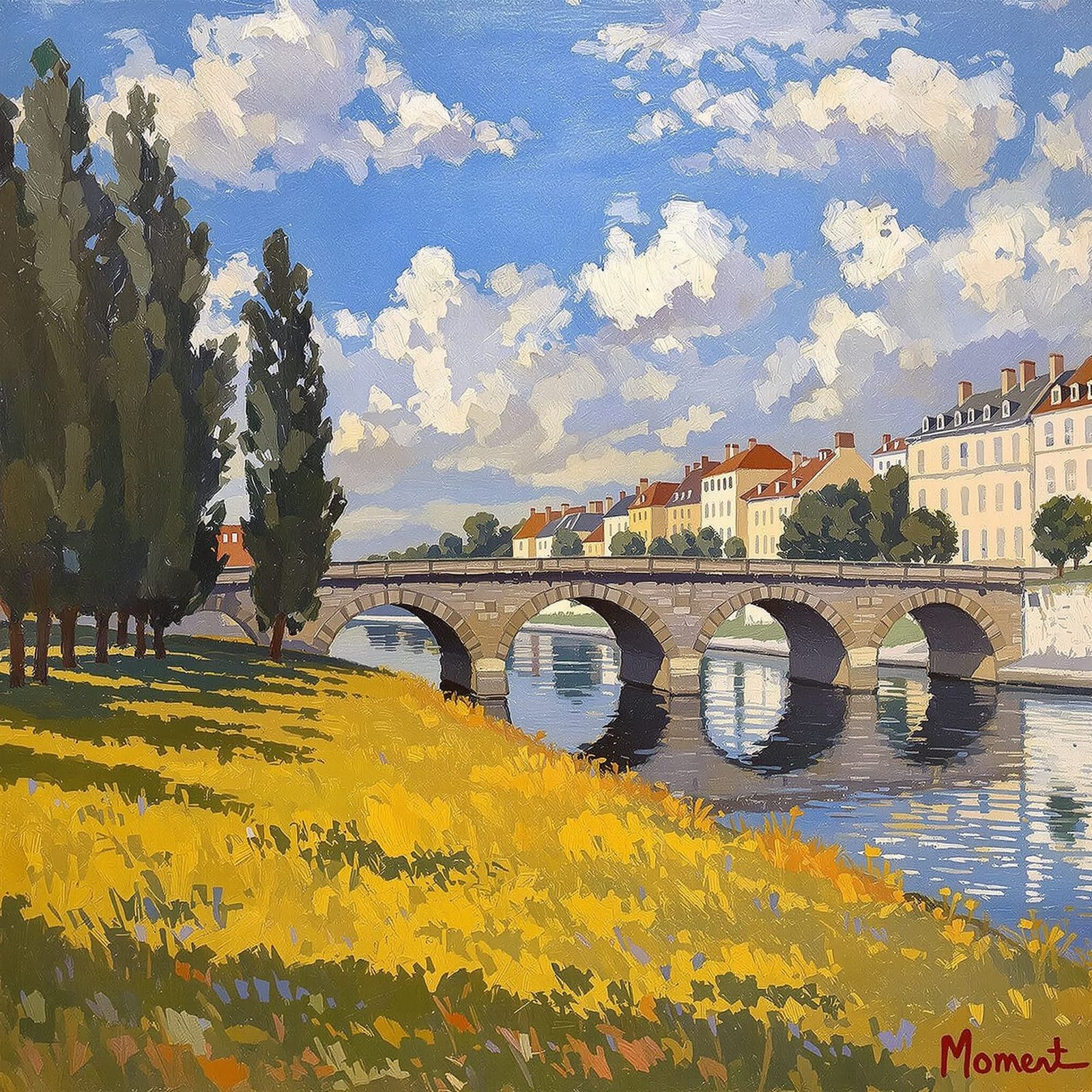 Impressionist Riverside Scene with Stone Bridge