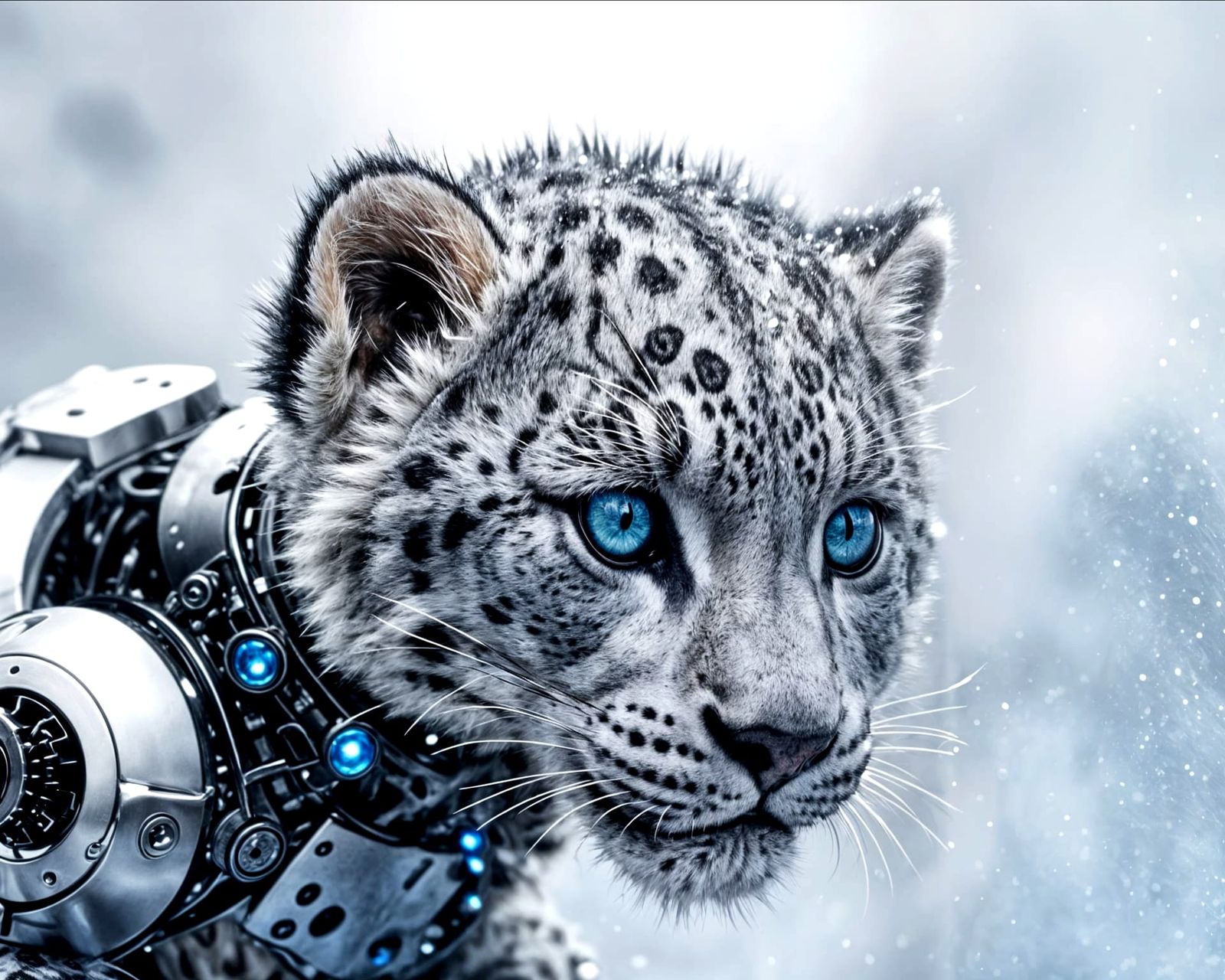 Newborn Snow Leopard Cyborg in Snowy City