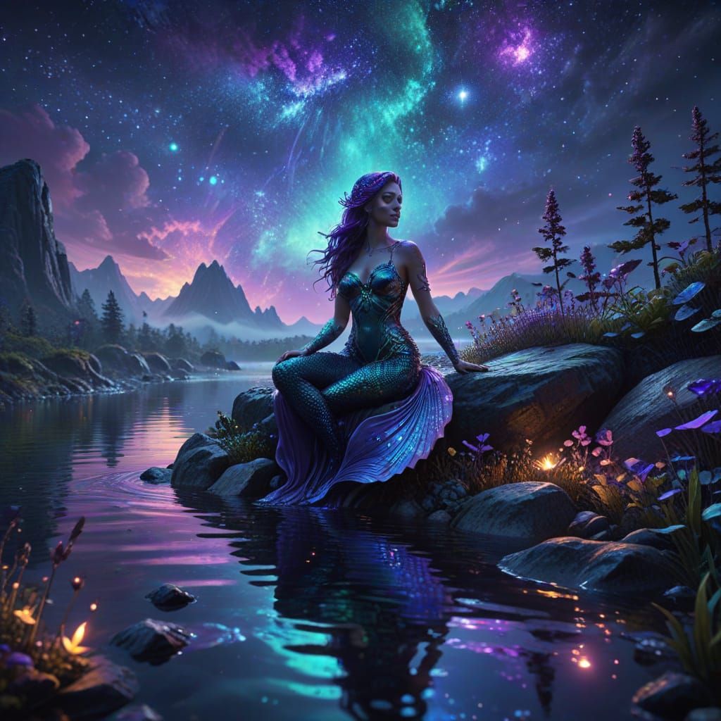 Serene Mermaid Shores in Iridescent Blues and Purples, Point...