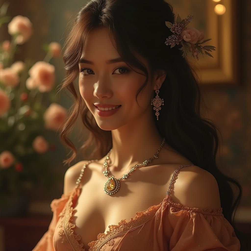 Elegant Woman with Jewelry in Art Nouveau Style