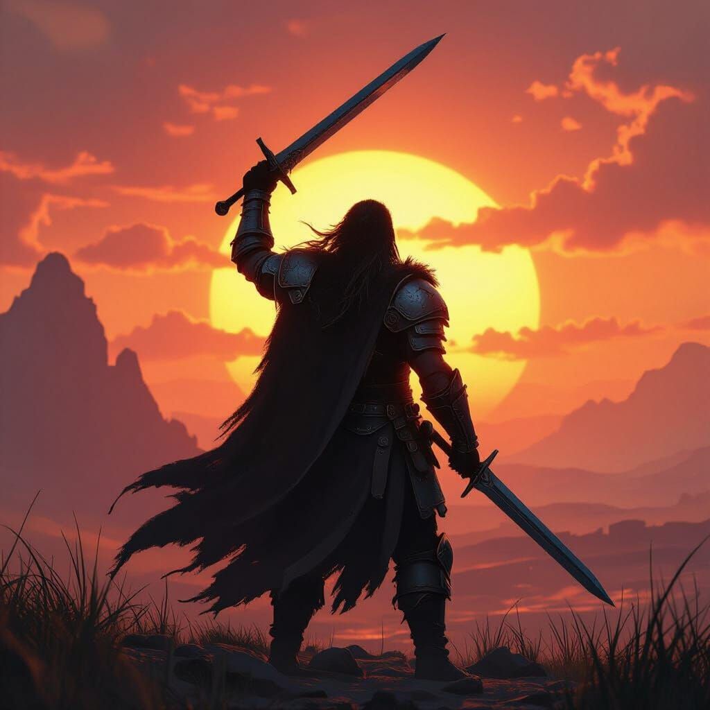 Celtic Warrior: Defiance in a Dark Fantasy Sunset