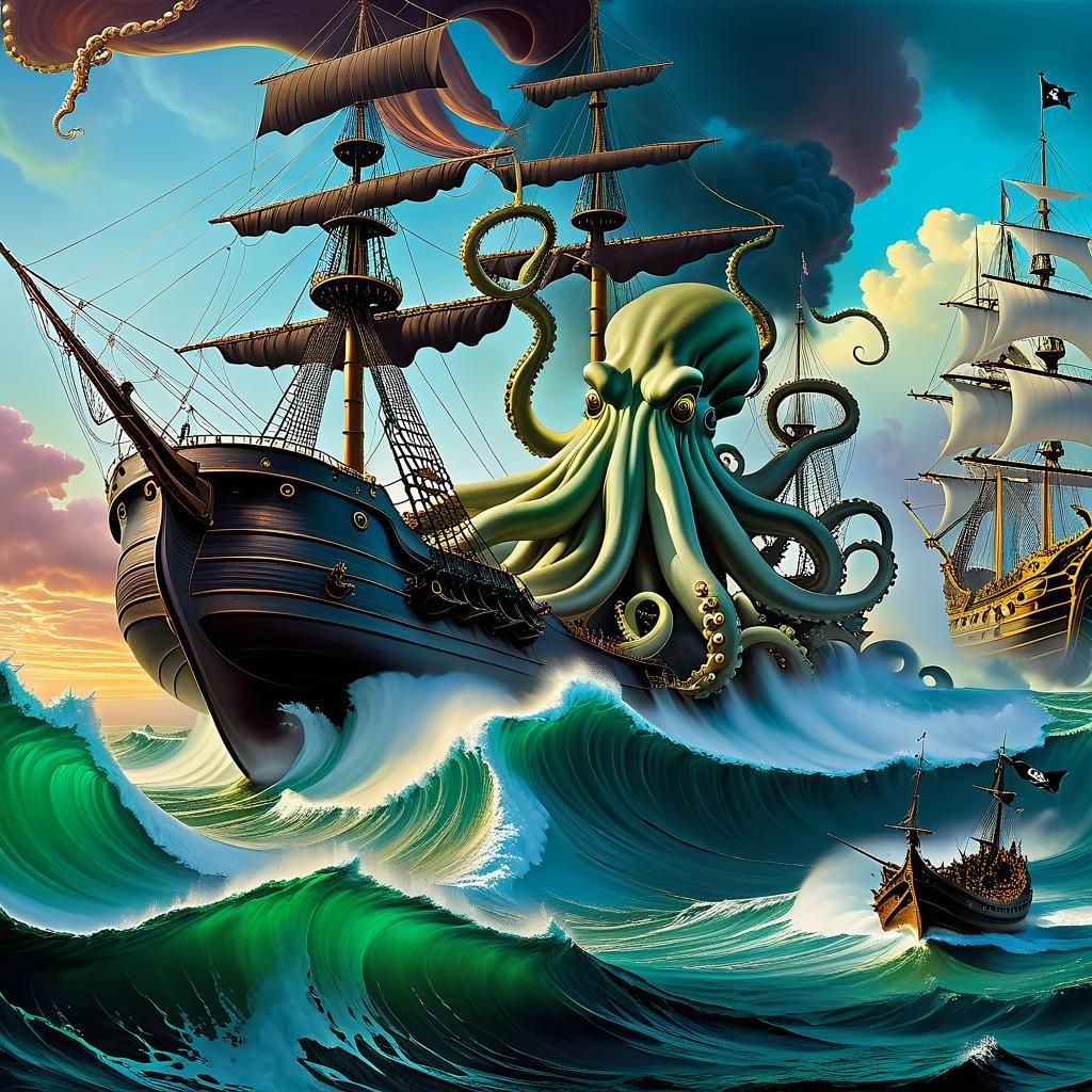 Kraken Attacks Pirate Ship in Surrealist Style