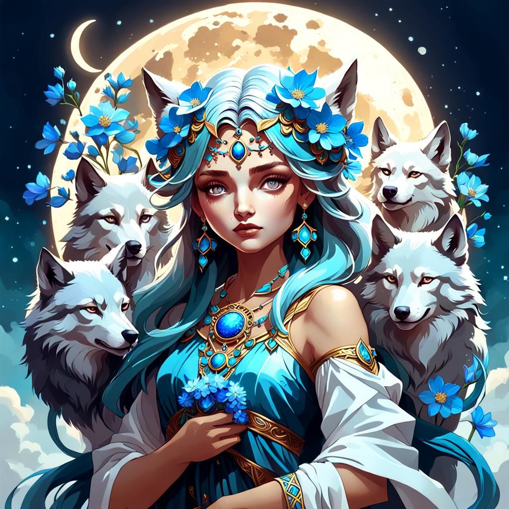 Moon Goddess Portrait with Wolves, Detailed Art