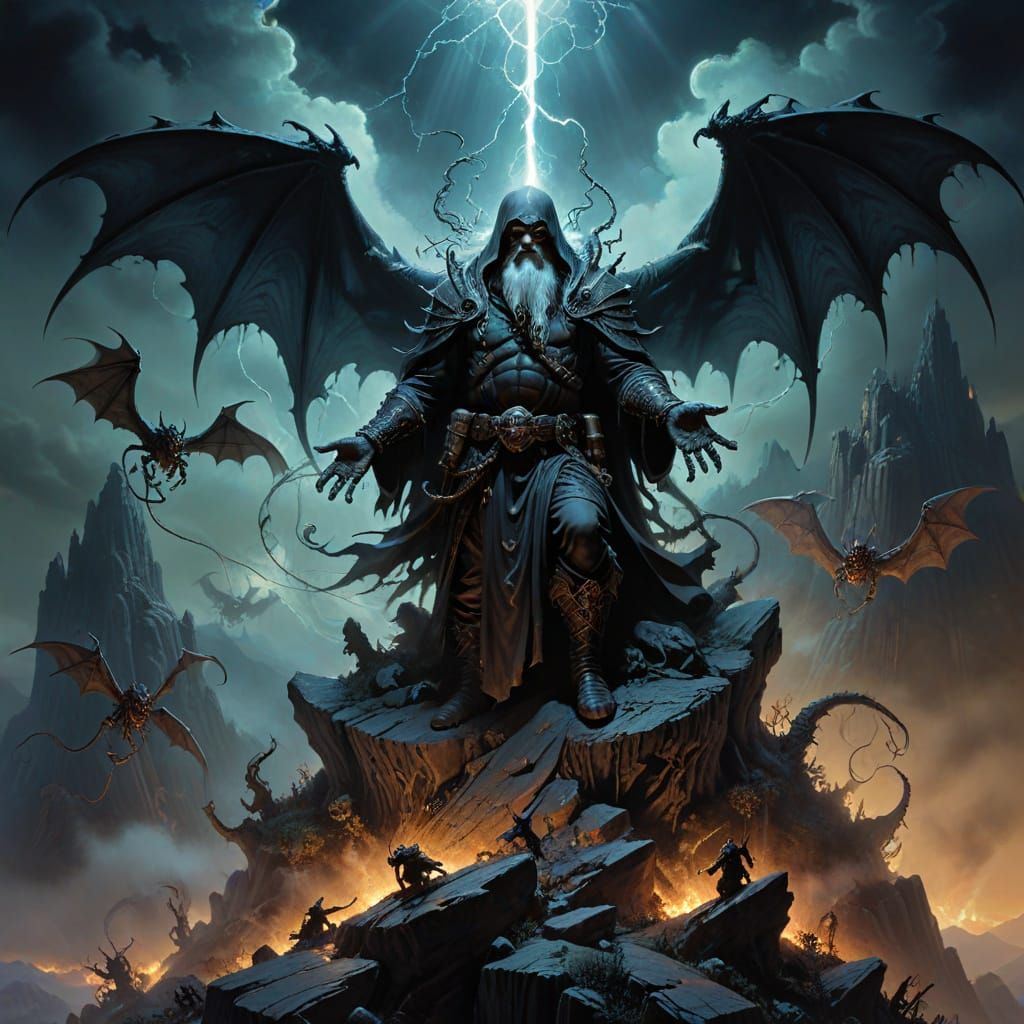 Wise Old Wizard Conjures Ethereal Energy on Mountain Peak