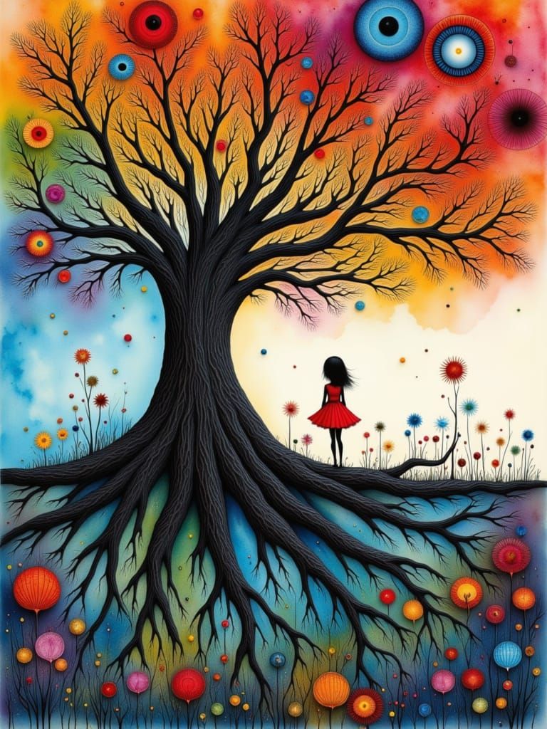 Whimsical Tree Roots in Watercolor and Alcohol Ink