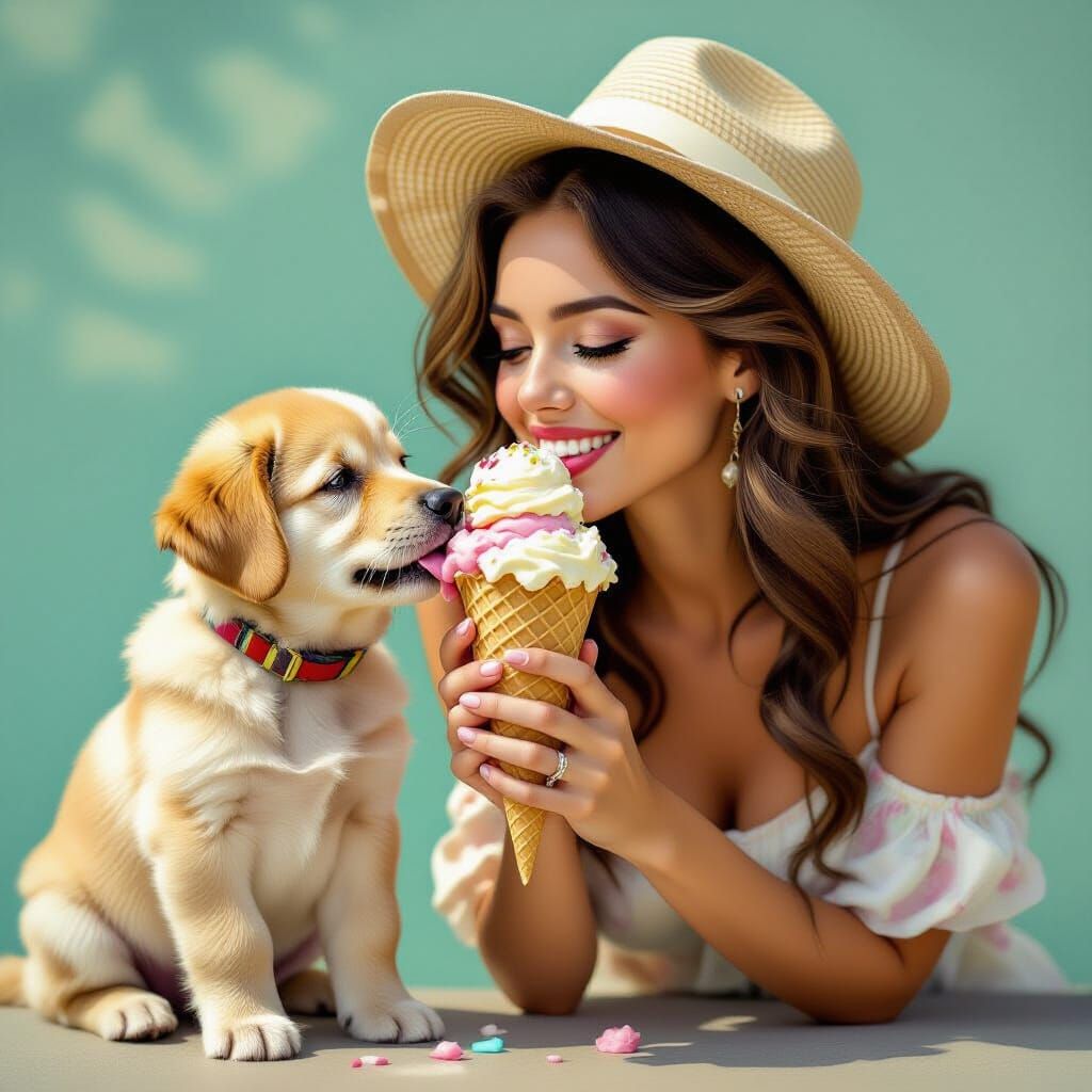 Young Woman Shares Ice Cream With Puppy