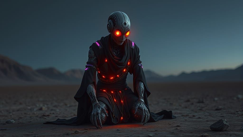 Cyberpunk Android Kneeling in Barren Wasteland